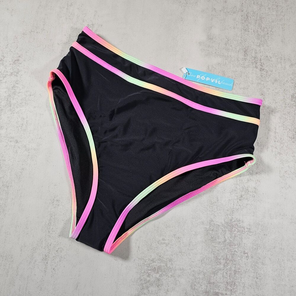 Popvil High Waisted Bikini Bottoms, Black with Neon Gradient Trim, Size M